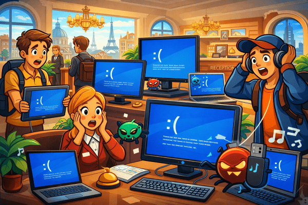 Falsa schermata blu (BSOD) Windows colpisce gli hotel europei e spinge a eseguire malware