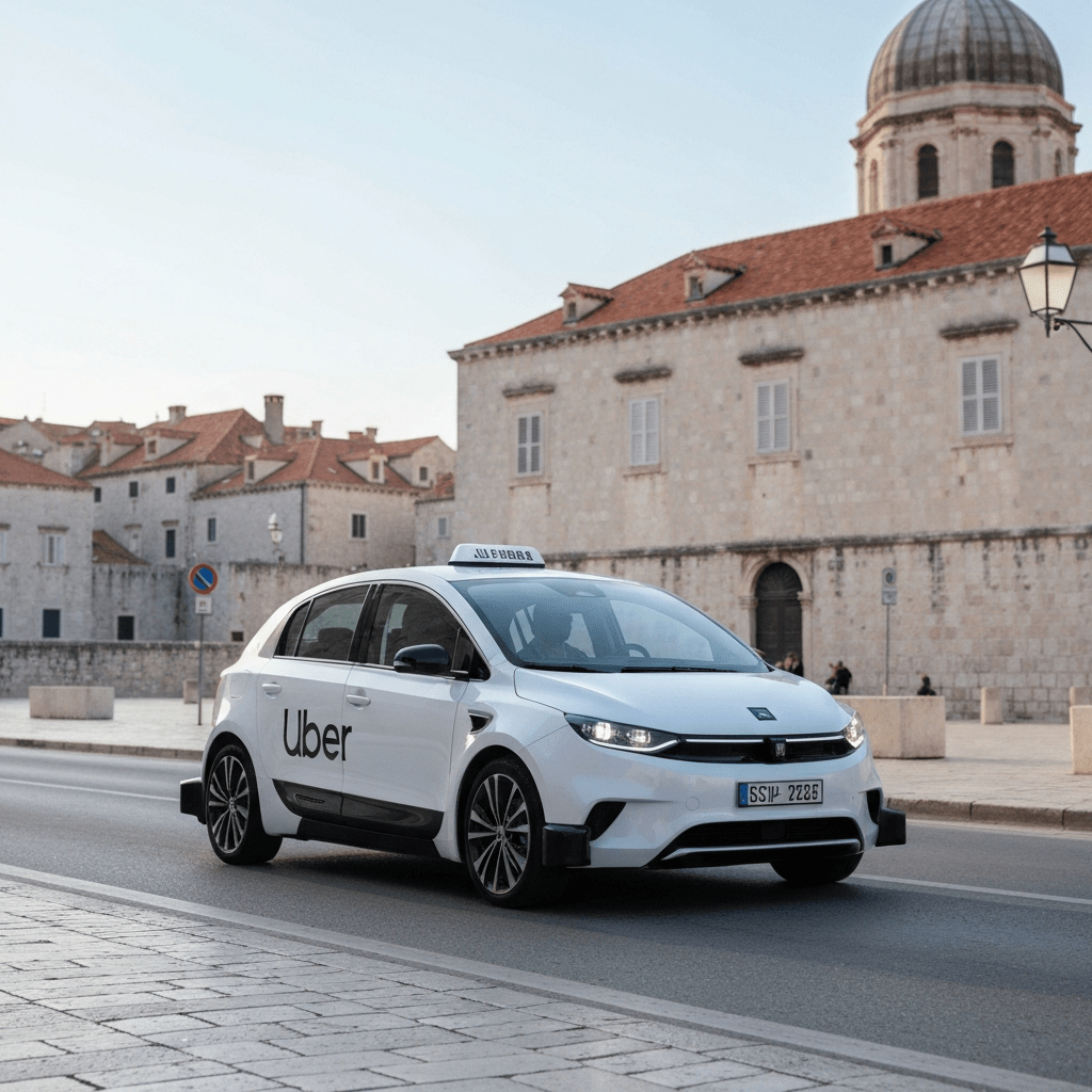 A futuristic autonomous robotaxi navigating a modern European city street.