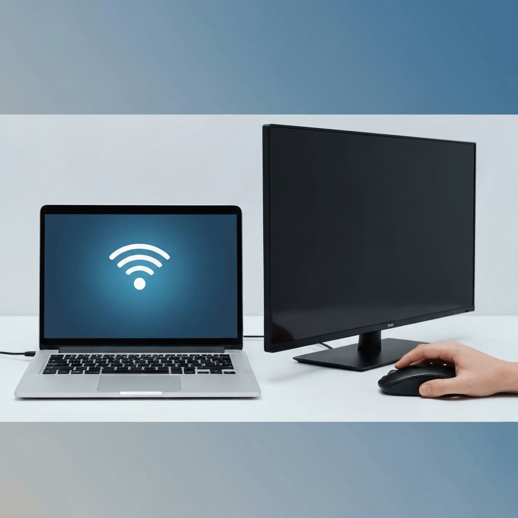 Man using laptop connected wirelessly to TV.