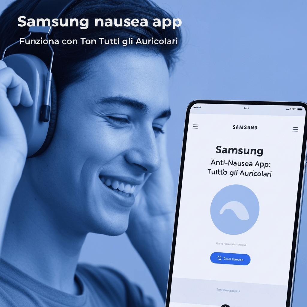 Samsung anti-nausea app shown on phone with earbuds.