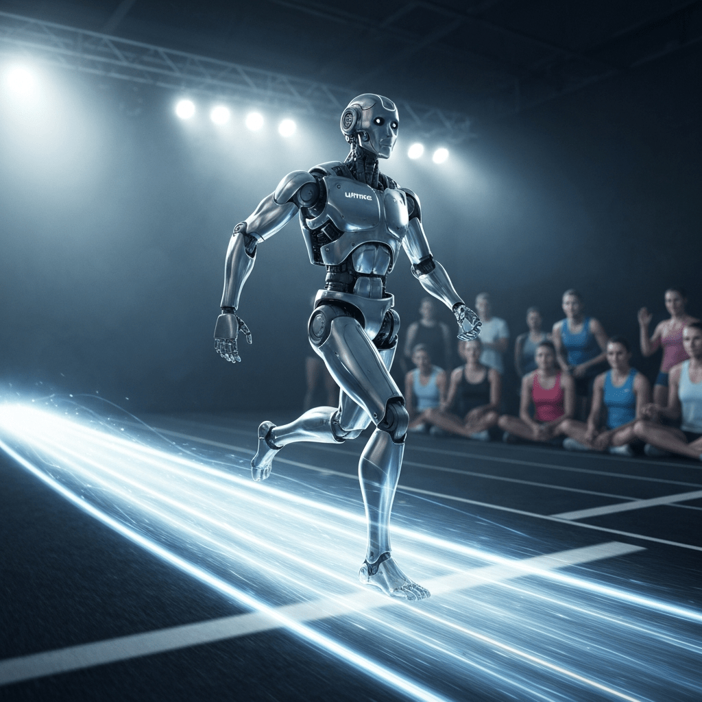 Unitree H1 humanoid robot on a track, challenging athletes.