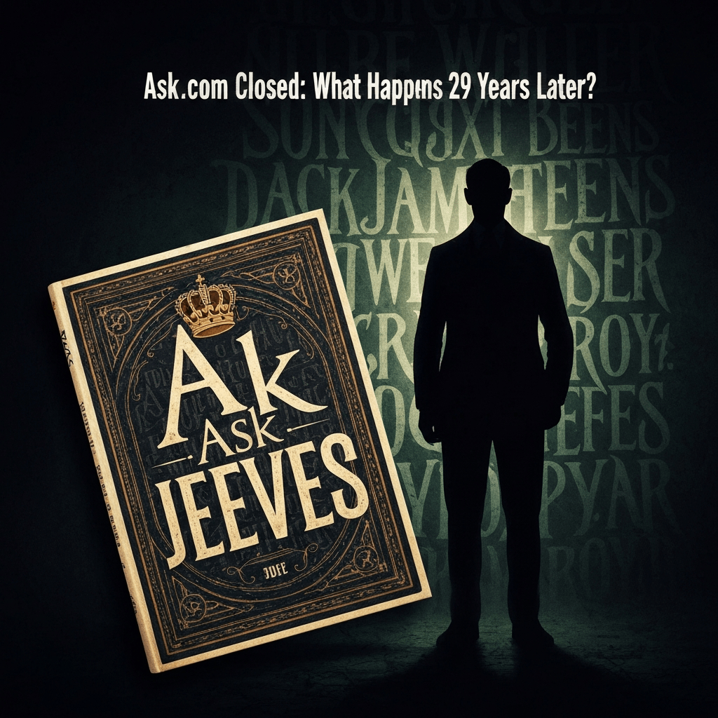 Ask Jeeves, a cartoon butler, stands by a computer.