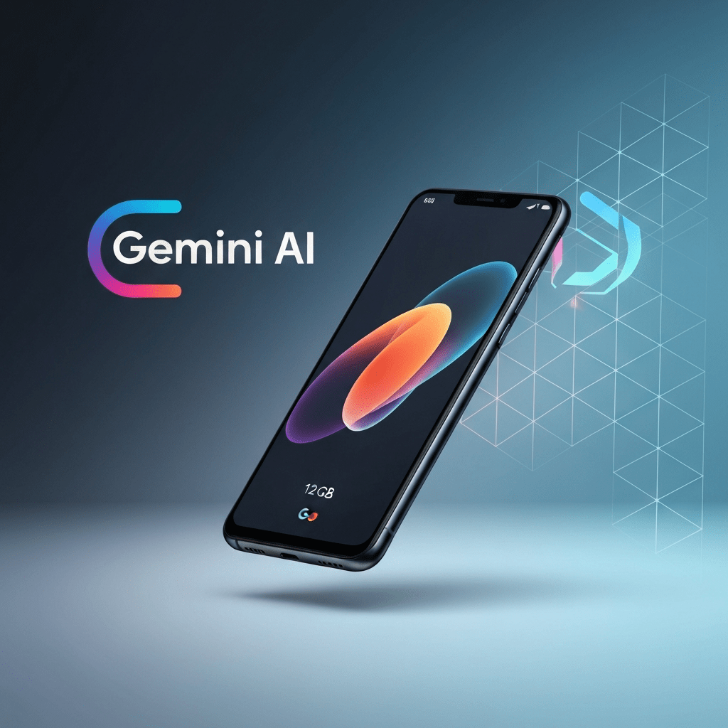 A smartphone displaying the Gemini AI interface with a chat prompt on a clean background.
