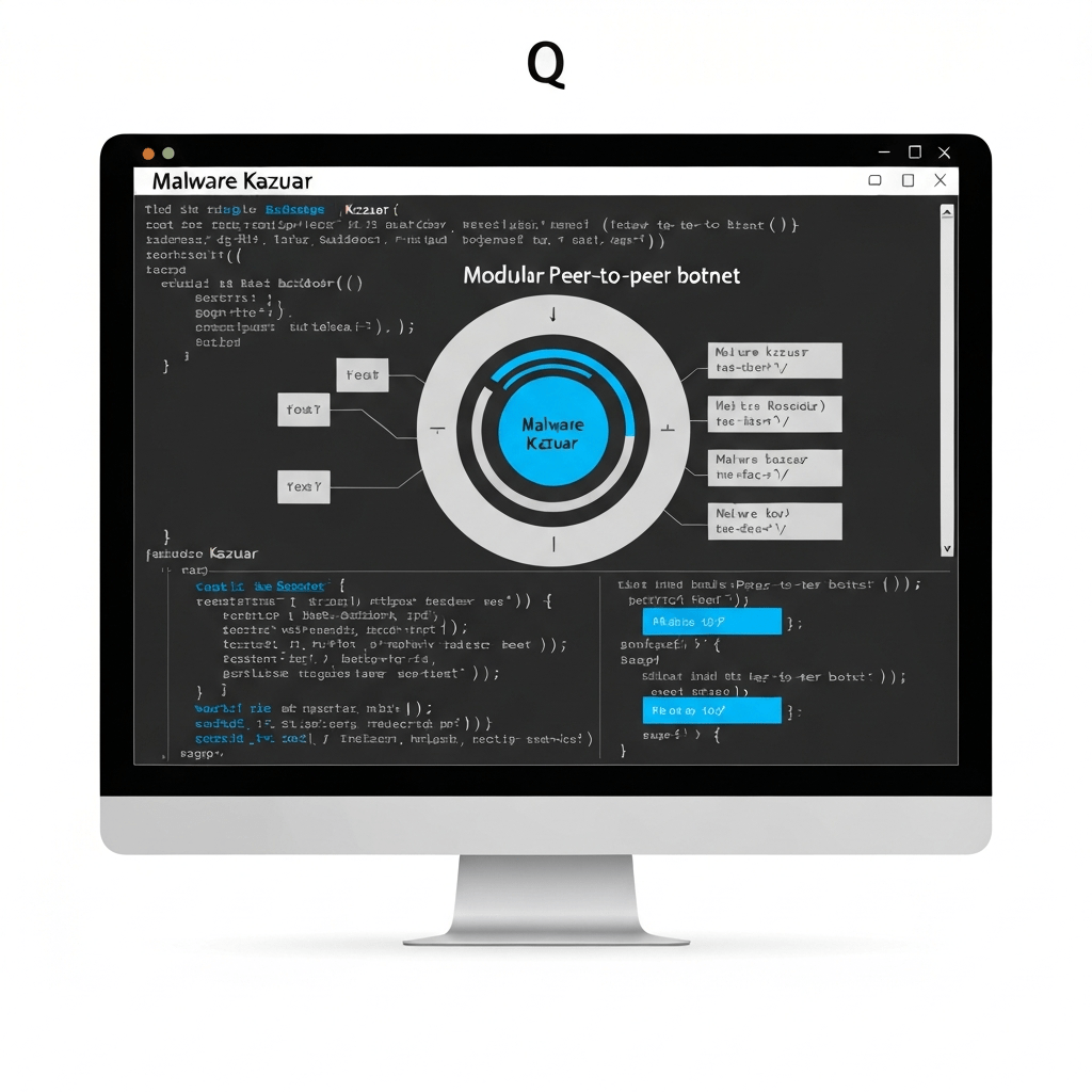 A stylized digital graphic showing a binary code stream merging into a complex, glowing network node representing a botnet.
