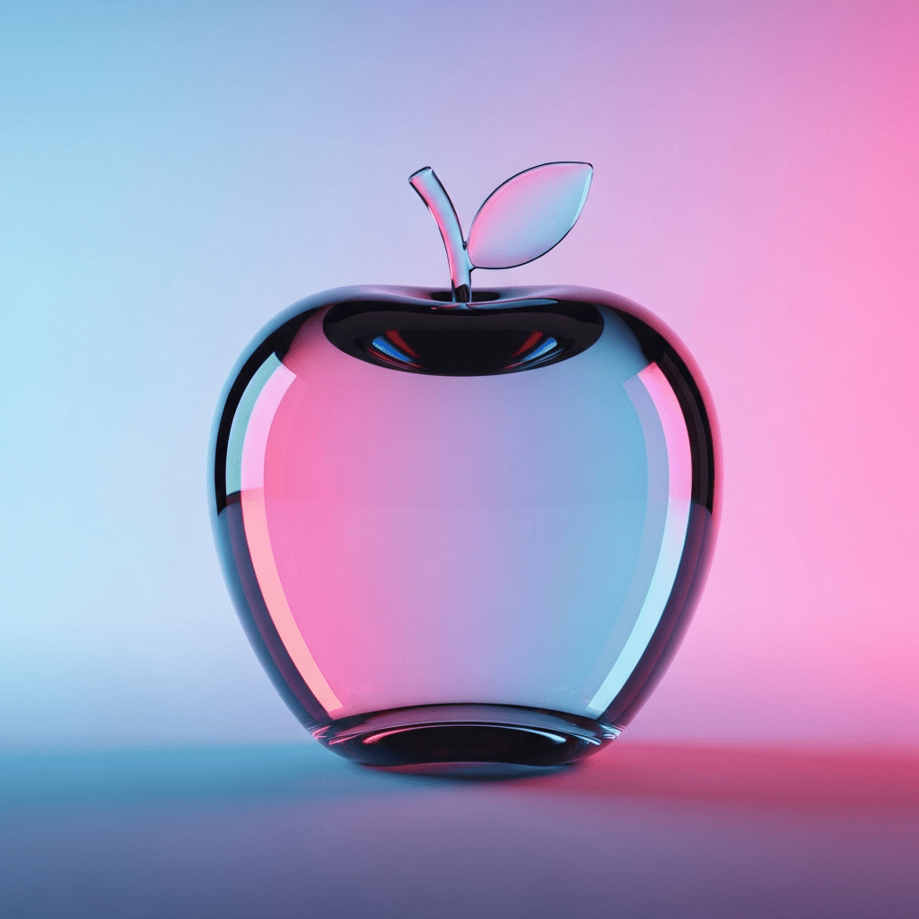 An AI-generated abstract image of a golden cube and liquid apple.
