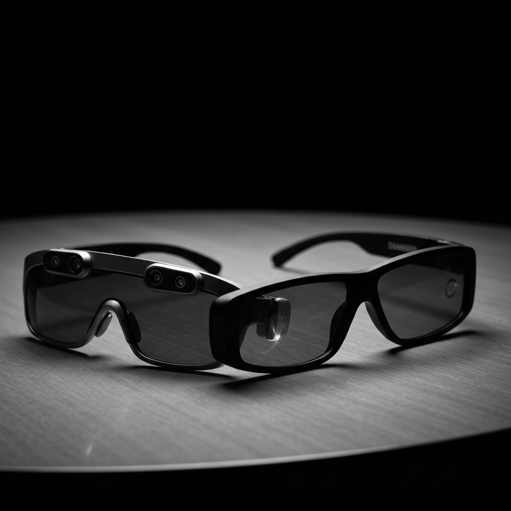 A pair of sleek, futuristic smart glasses reflecting light on a dark, minimalist background.