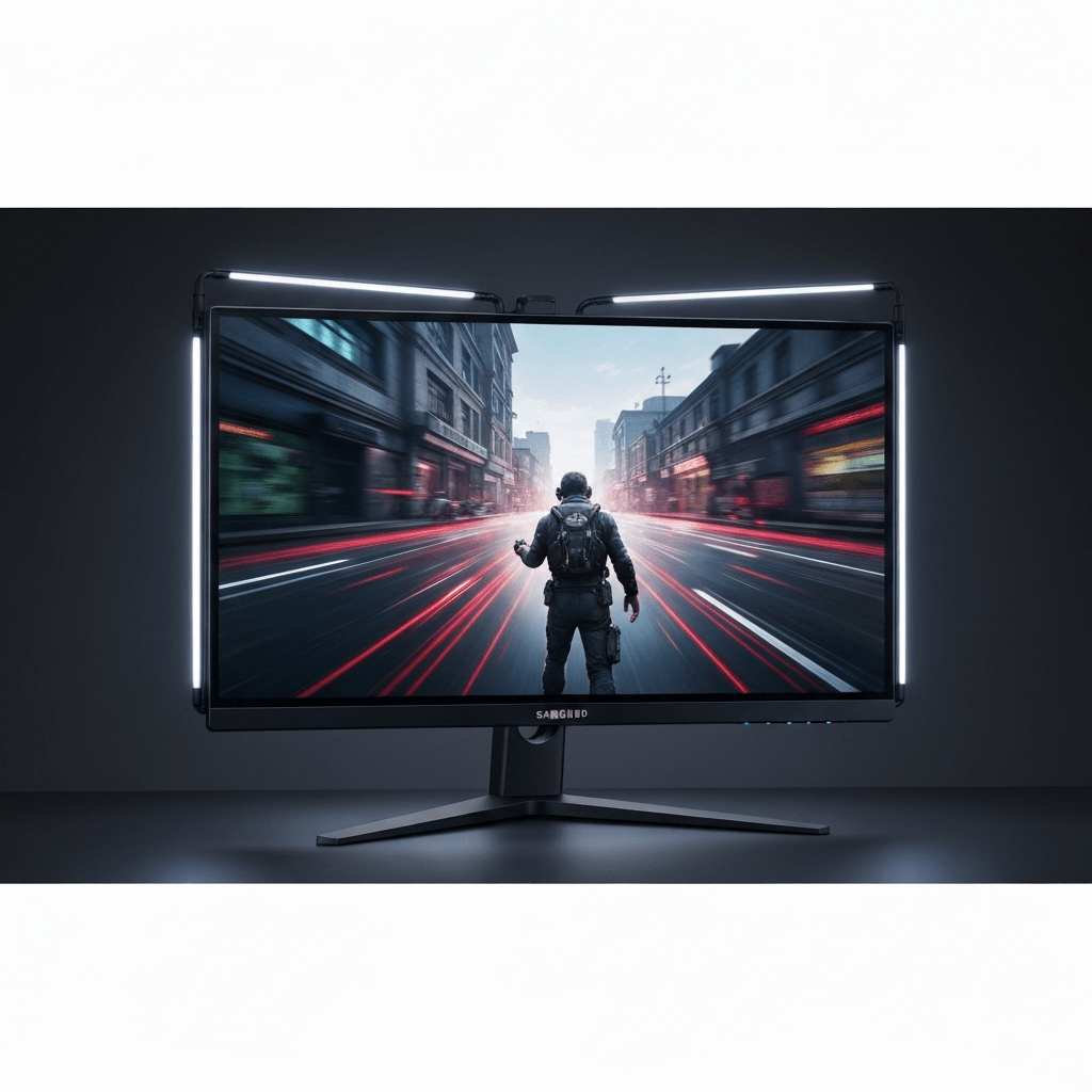 A sleek Samsung Odyssey gaming monitor displays a high-resolution, vibrant game scene on a desk setup.