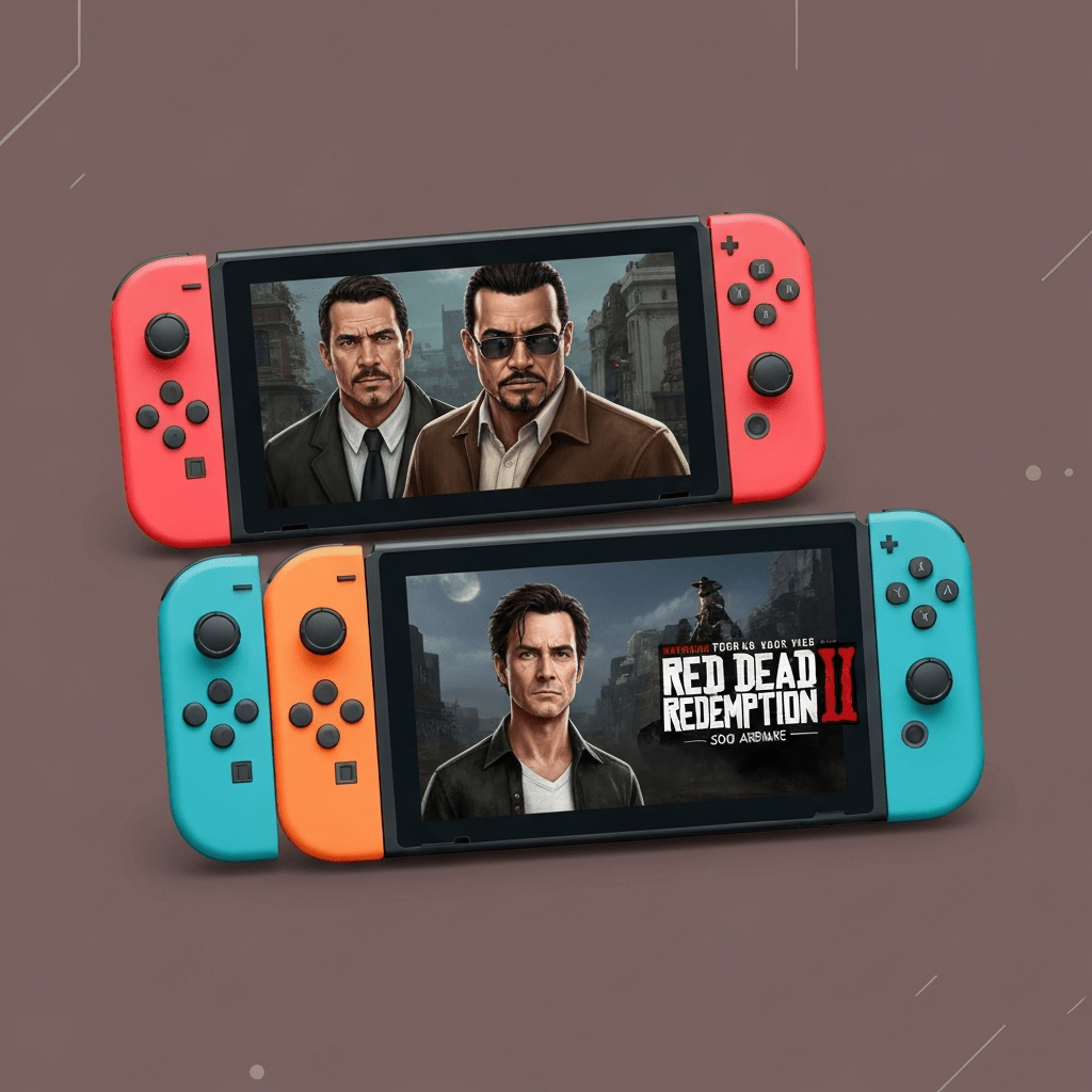 A concept art image of the Nintendo Switch 2 console featuring Grand Theft Auto V and Red Dead Redemption 2 game logos.