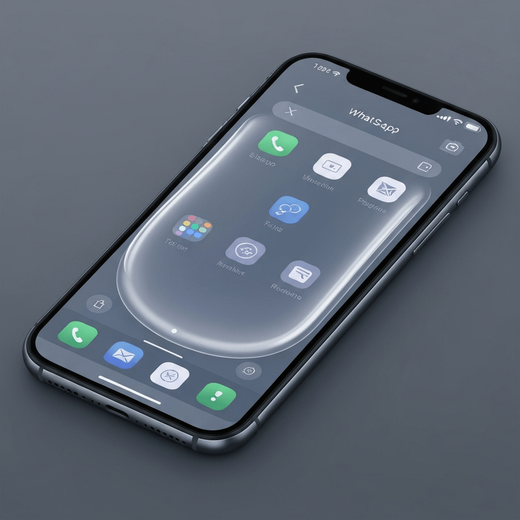 iPhone with liquid glass interface for WhatsApp inspired by iOS 17.