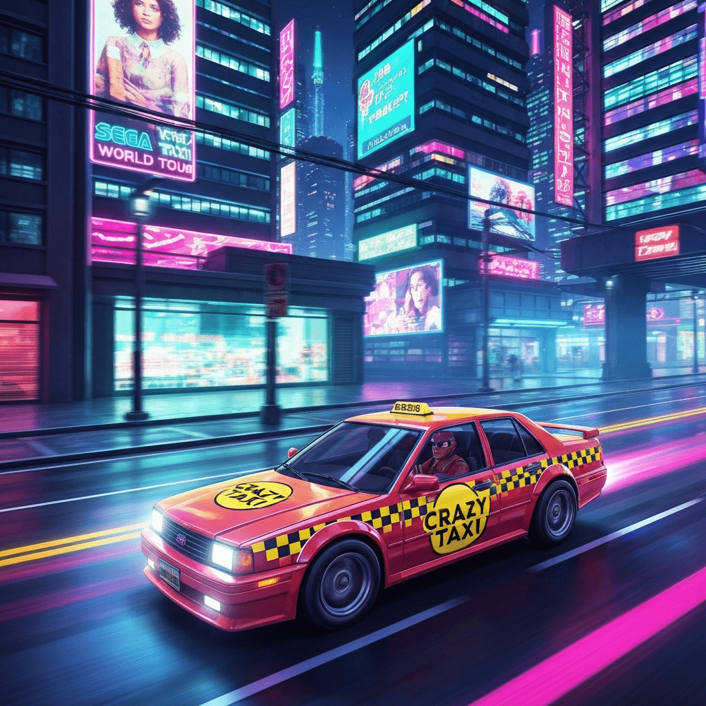 Crazy Taxi World Tour gameplay screenshot with a taxi on a city street.