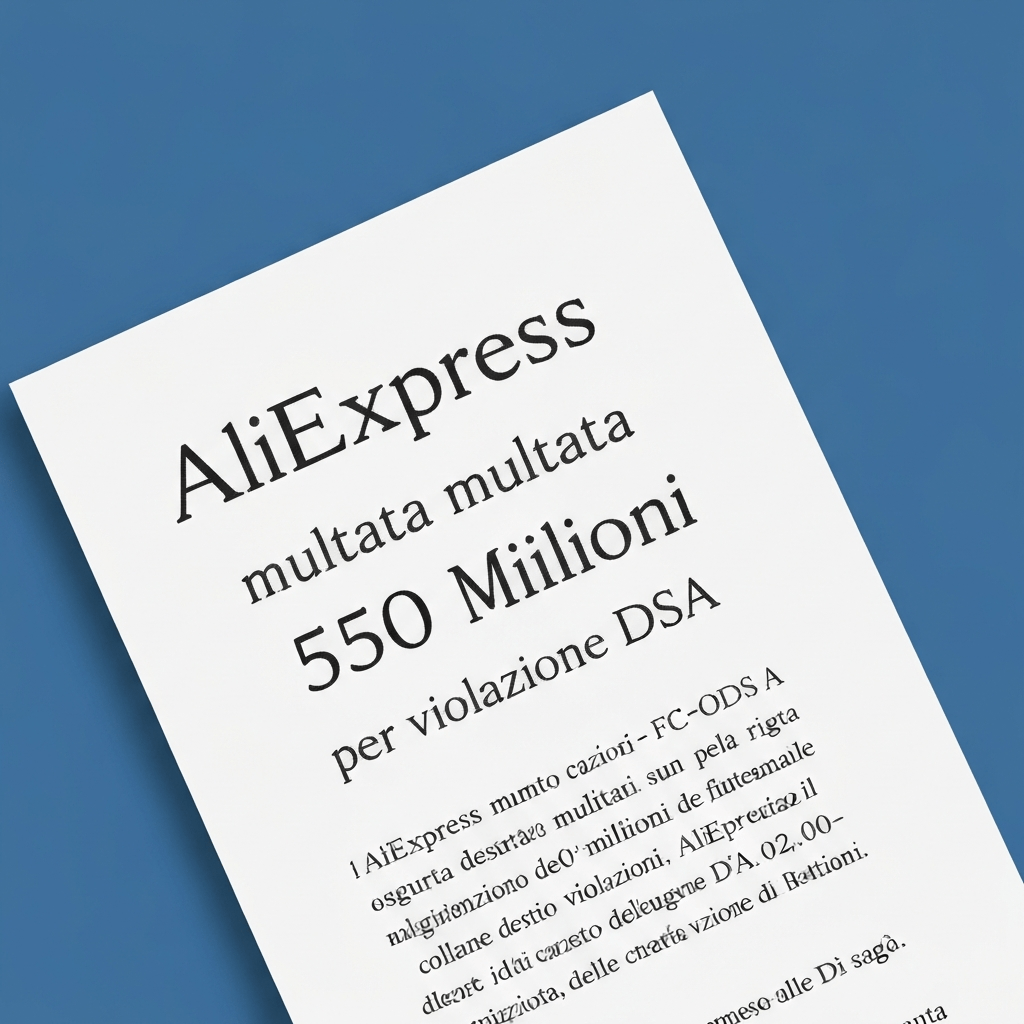 Red and white AliExpress logo with text, indicating a fine for DSA violation.