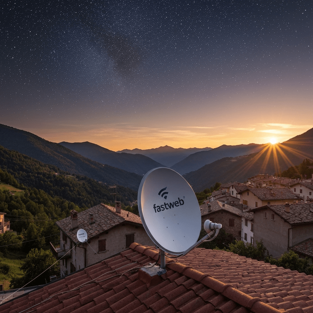 Satellite internet dish with Fastweb branding.