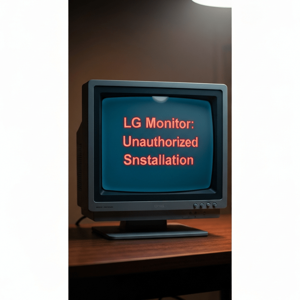Large monitor displays unauthorized software installation warning.
