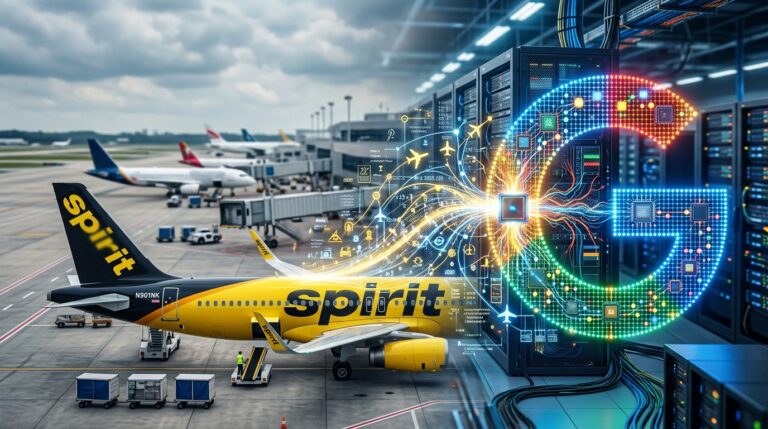 Google logo and Spirit Airlines jet, hinting at AI and data acquisition.