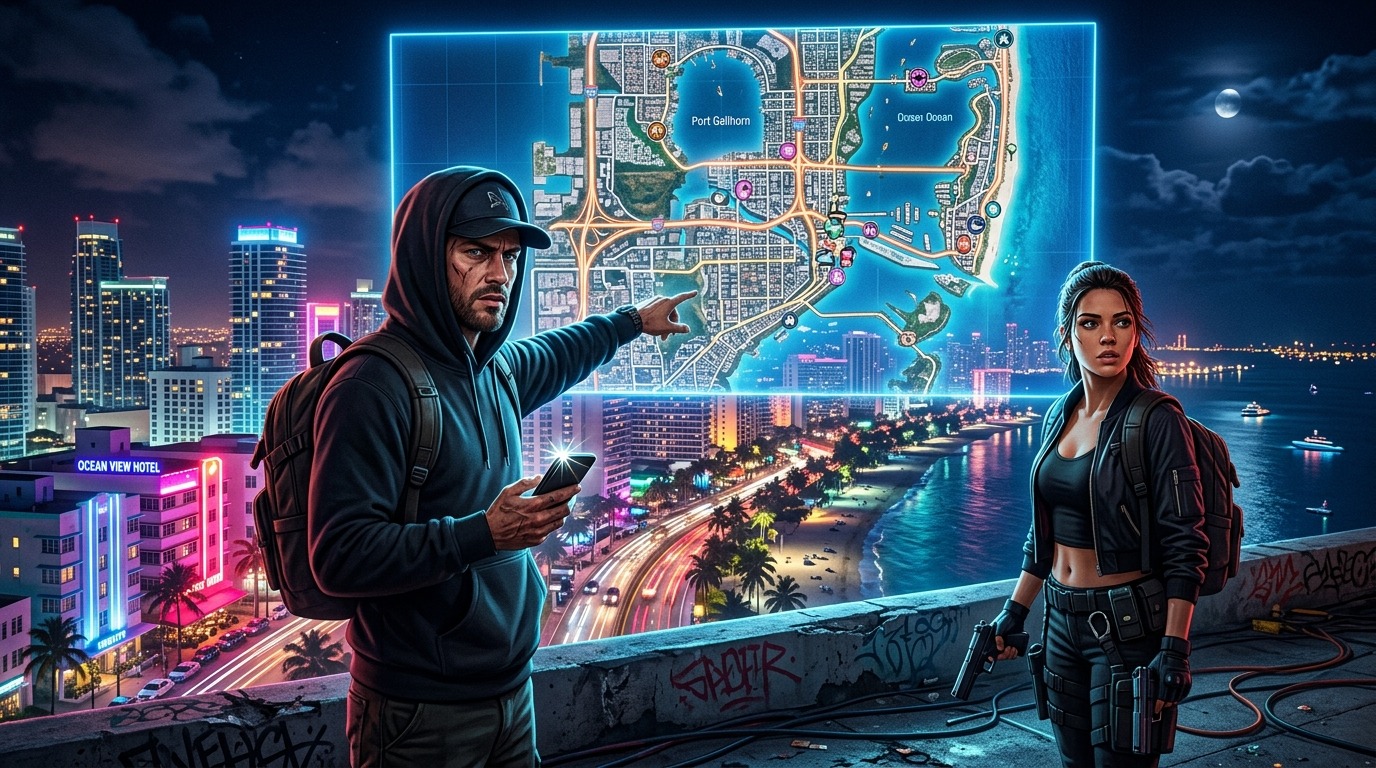 Screenshot of a fictional map with landmarks and an area labeled "Vice City."