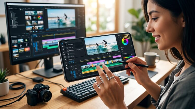 Adobe Premiere Pro logo on an Android phone screen.