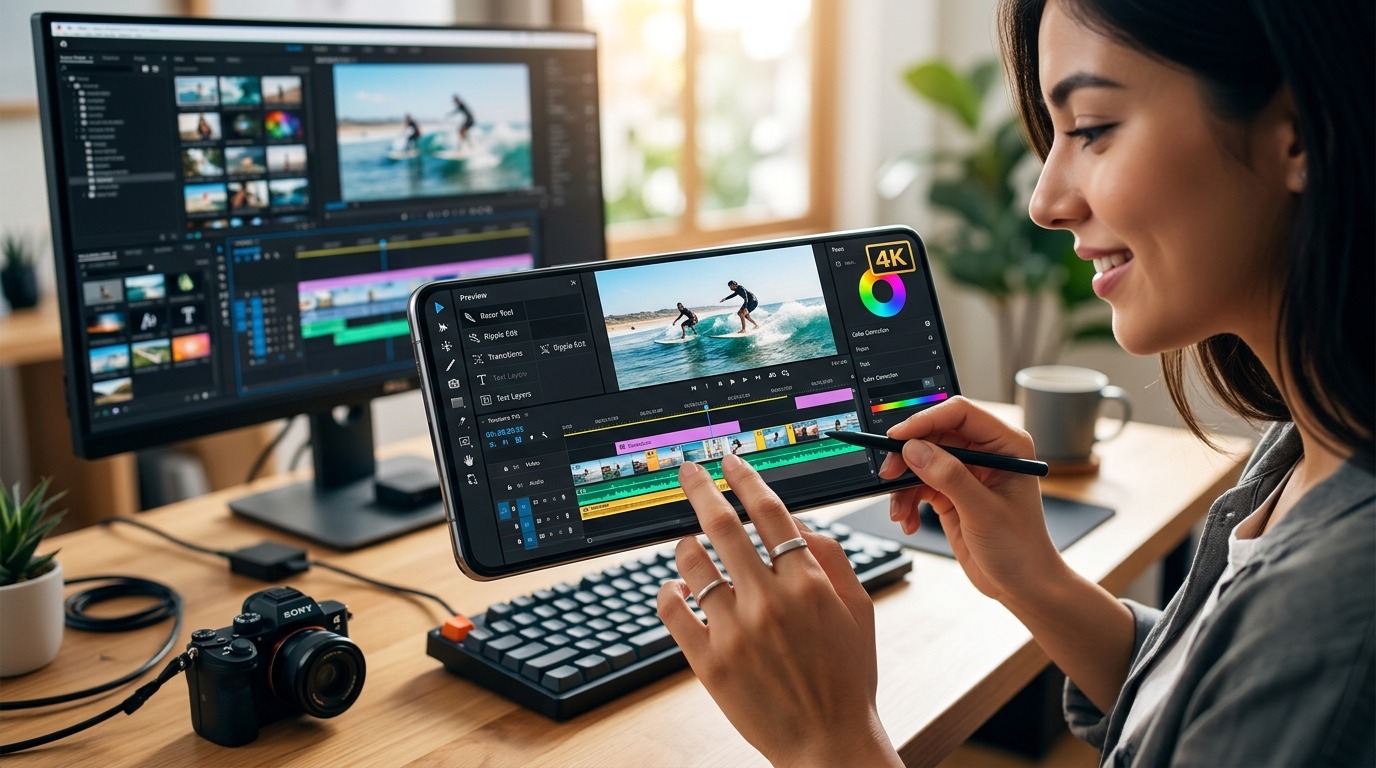 Adobe Premiere Pro logo on an Android phone screen.
