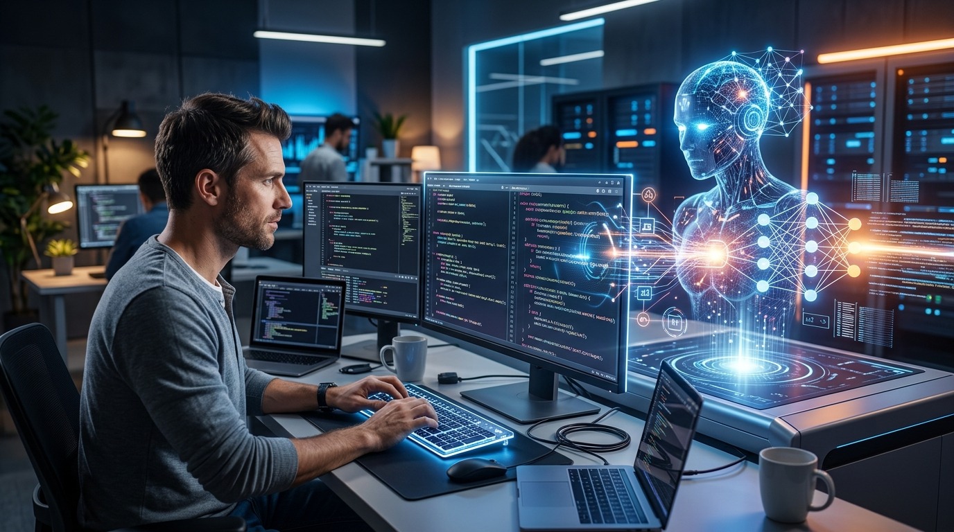 Software development: code on laptop with person's hands