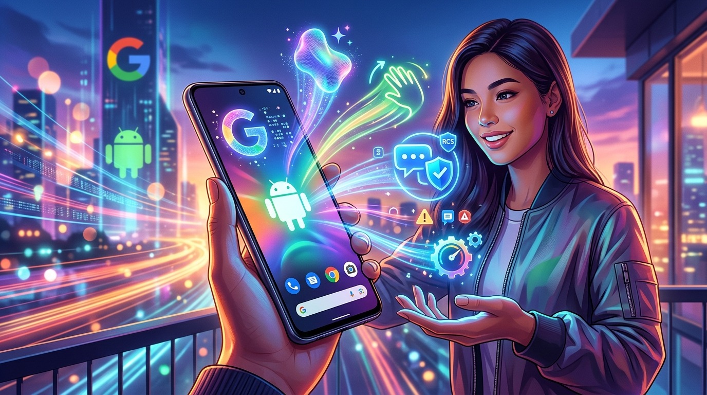 Man using a smartphone with AI assistant Gemini.