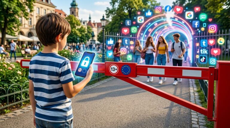 Children looking at phone, EU proposes ban on social media for under-13s.