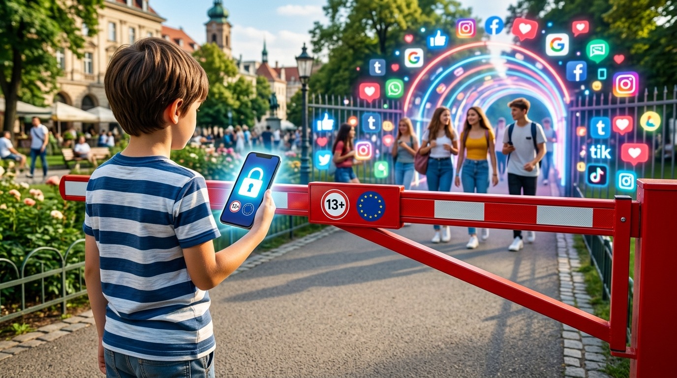Children looking at phone, EU proposes ban on social media for under-13s.