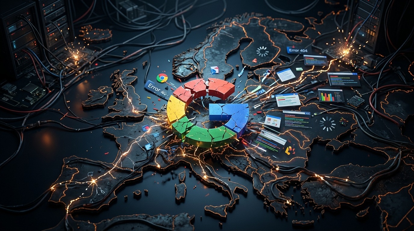 Google search engine logo on a European map.