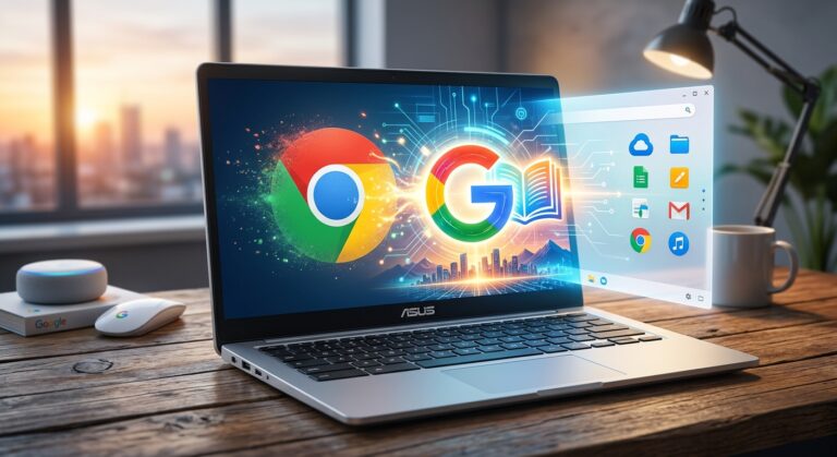 Google ChromeOS background image of a black Chromebook laptop.
