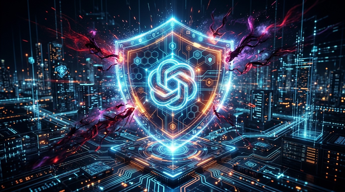 Abstract grid design with circuit board elements and blue/purple glowing lines representing cyber security.