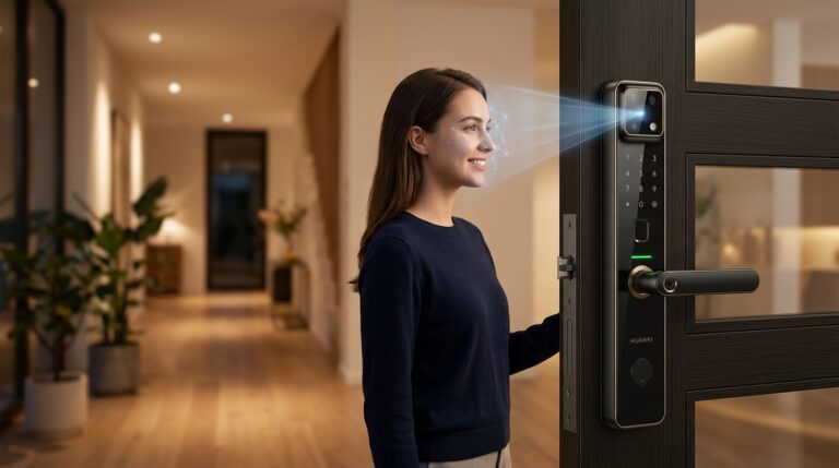 Huawei smart door lock with facial recognition and security features.