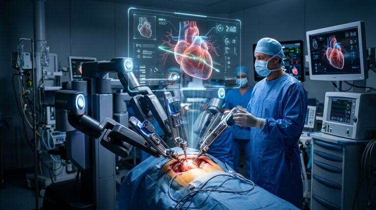 Robot arm in surgery, guided by AI