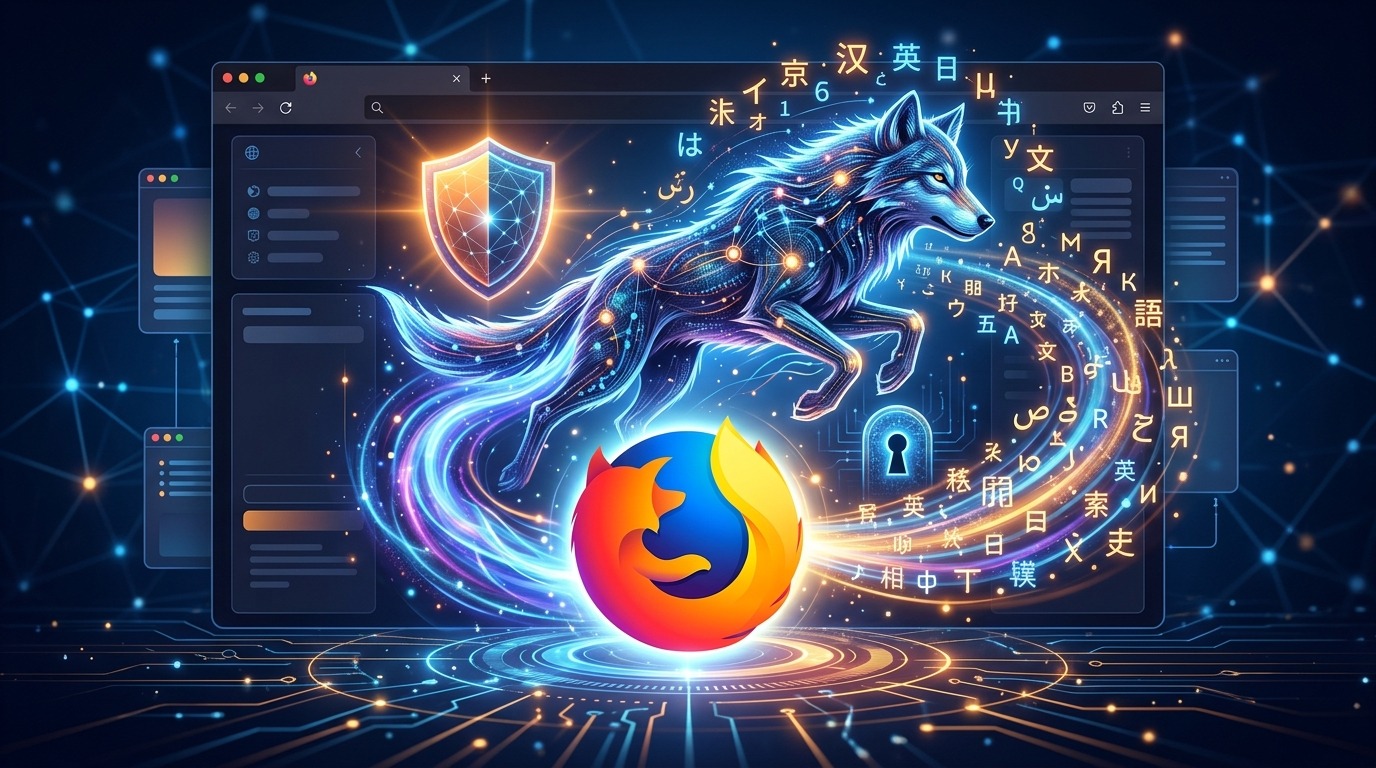 Firefox logo with AI and multilingual text.