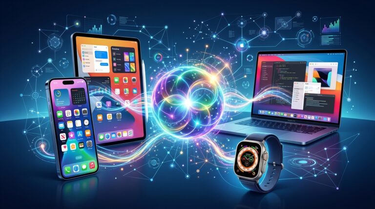 Apple logos and software update icons for iOS, iPadOS, macOS, and watchOS