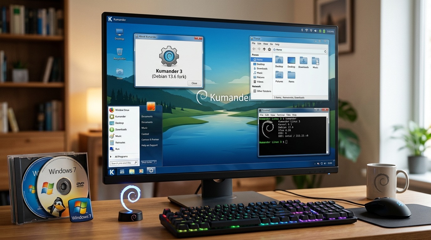 Debian 13 XFCE desktop with Windows 7 nostalgia theme.
