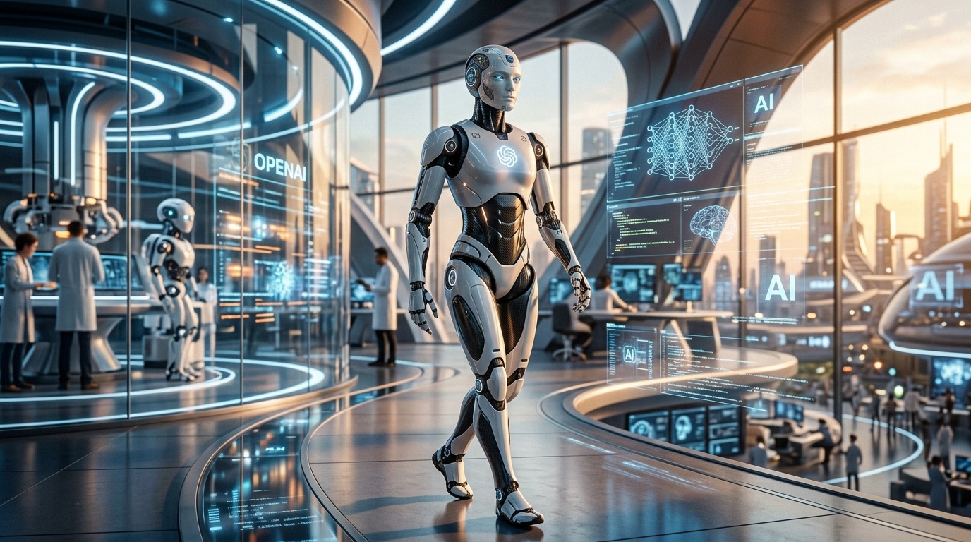 Humanoid robot with glowing eyes, representing AI and OpenAI.