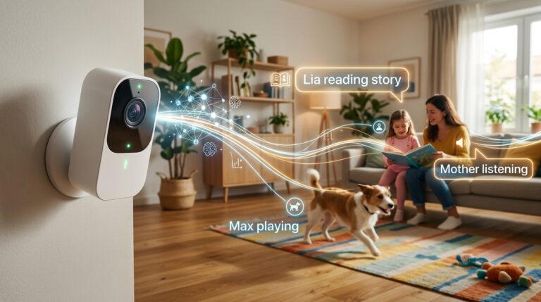Smart home camera tracks people and pets in a living room.