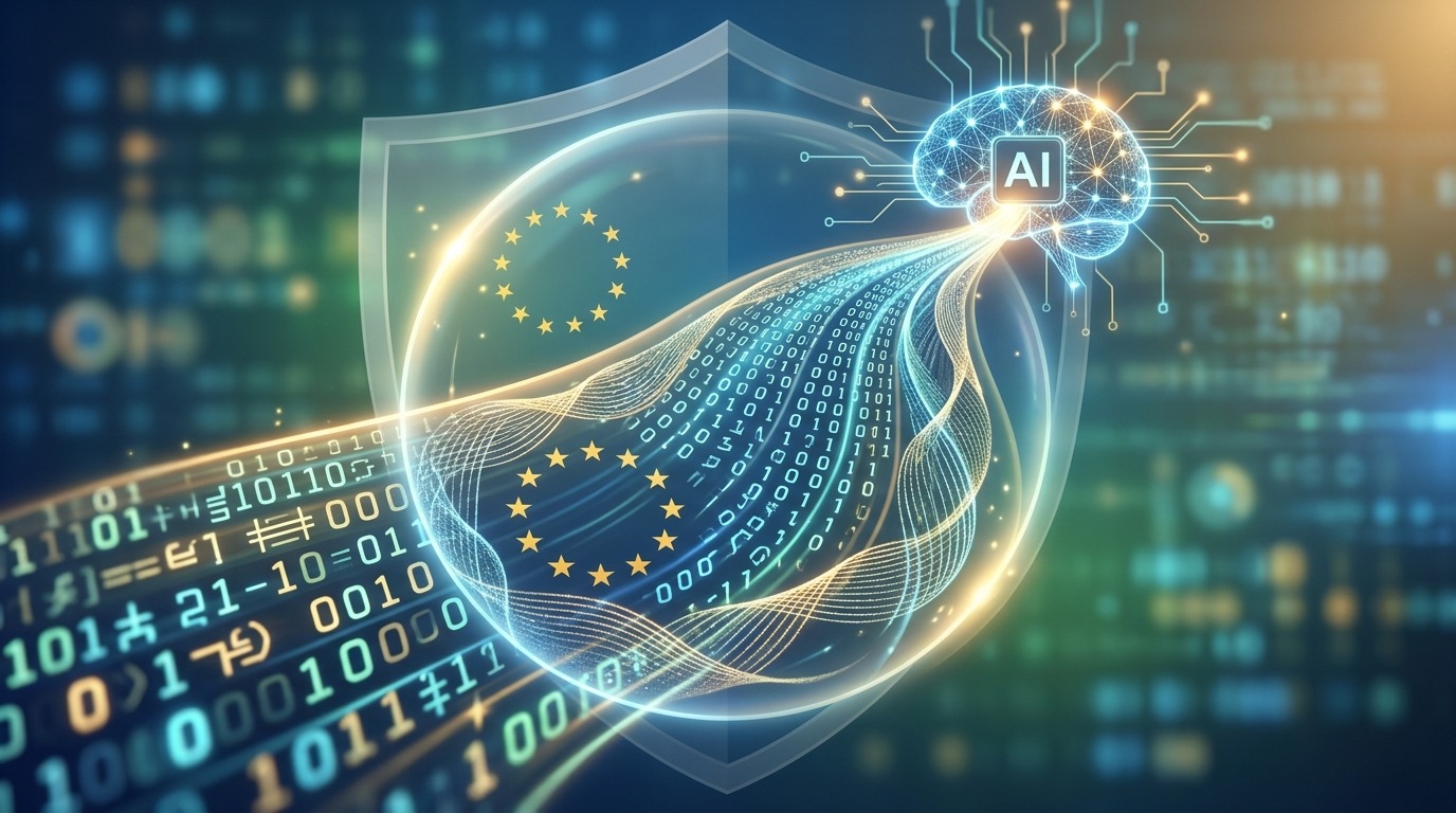 AI cybersecurity protection with EU emblem