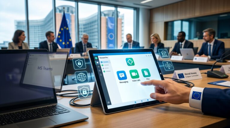 Business professionals in a modern boardroom use a tablet with a digital meeting and security app.
