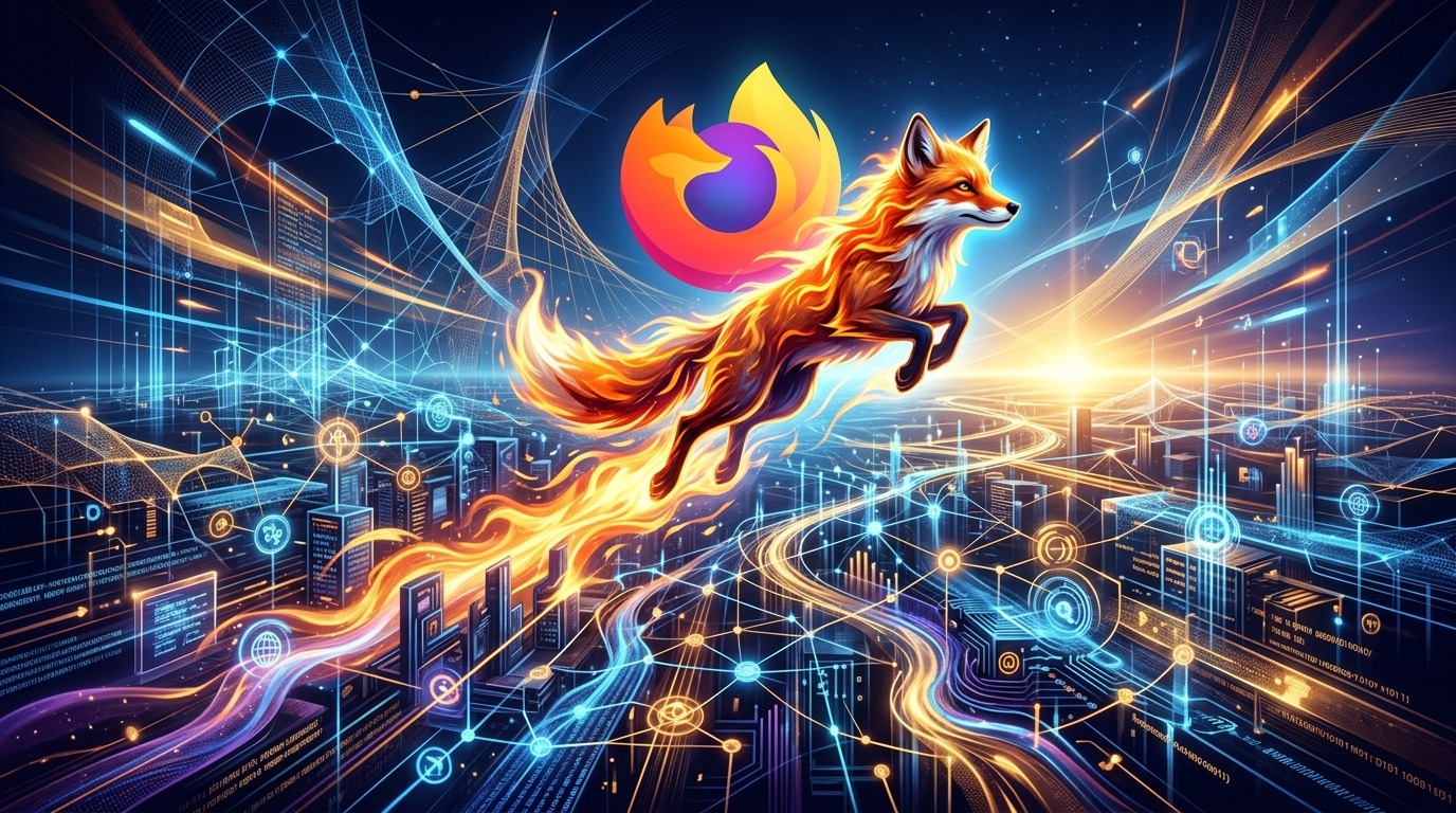 Fiery fox leaps through digital cityscape with Firefox logo.