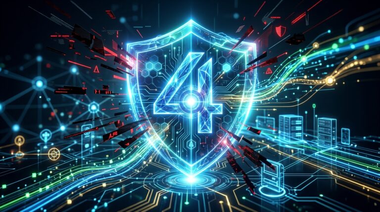 Google's Gemini 4 AI, represented by a glowing shield, offers cybersecurity and digital defense.