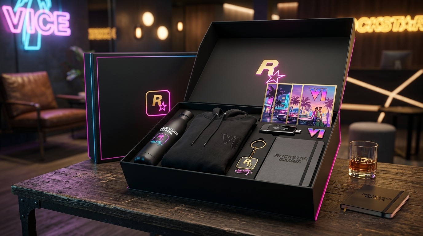 GTA VI exclusive influencer box set with game merchandise and memorabilia.
