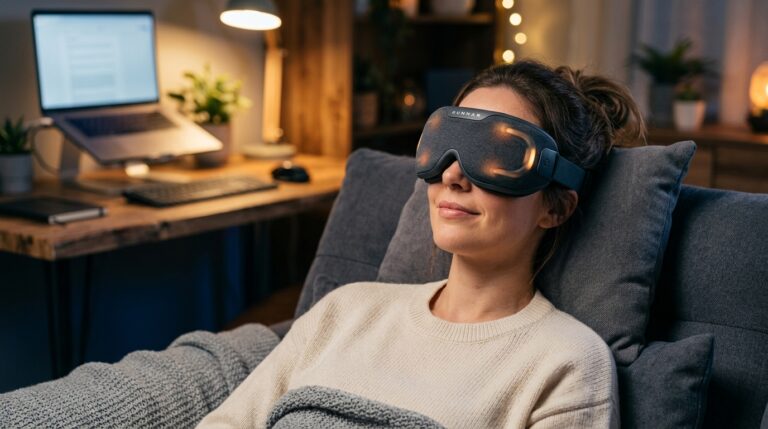 Woman using heated eye mask for relaxation and computer eye strain relief.