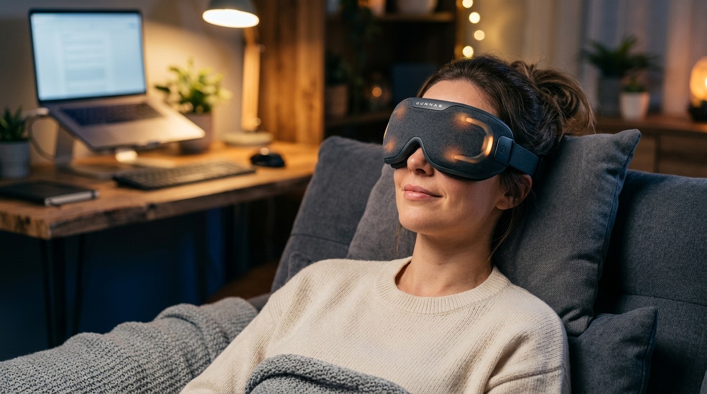 Woman using heated eye mask for relaxation and computer eye strain relief.