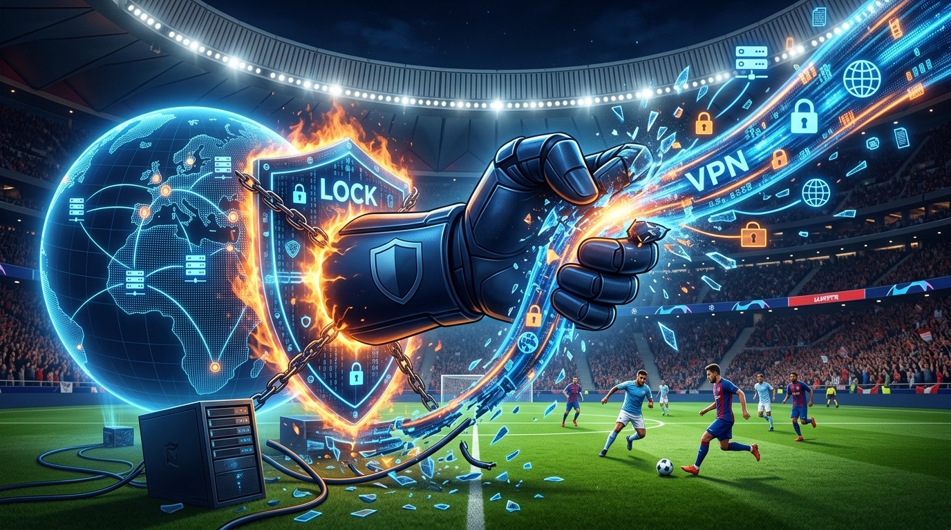 Futuristic VPN cybersecurity protects football game from piracy.