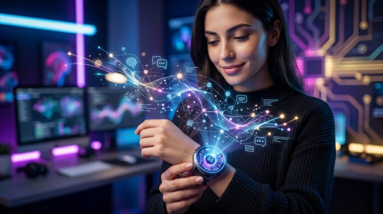 Young woman uses futuristic smartwatch showing glowing data streams.
