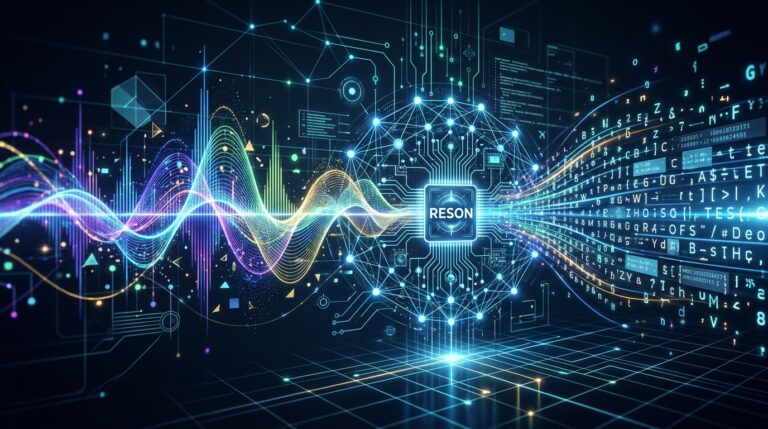 Abstract data visualization with circuit board, waveforms, and binary code.