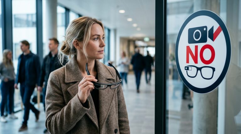 Woman looking thoughtful near a "No Entry" sign in a professional setting.