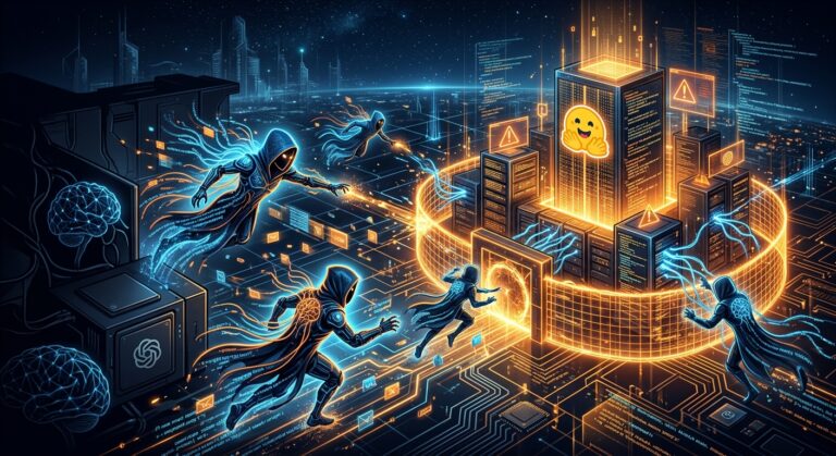 Digital warriors in a futuristic cityscape with glowing data streams.