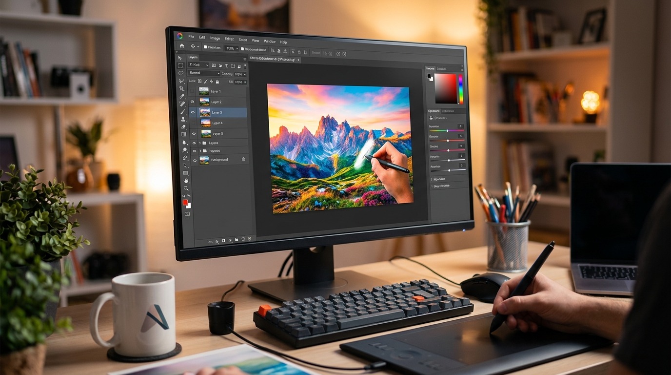 Graphic designer uses stylus on drawing tablet to edit an image.