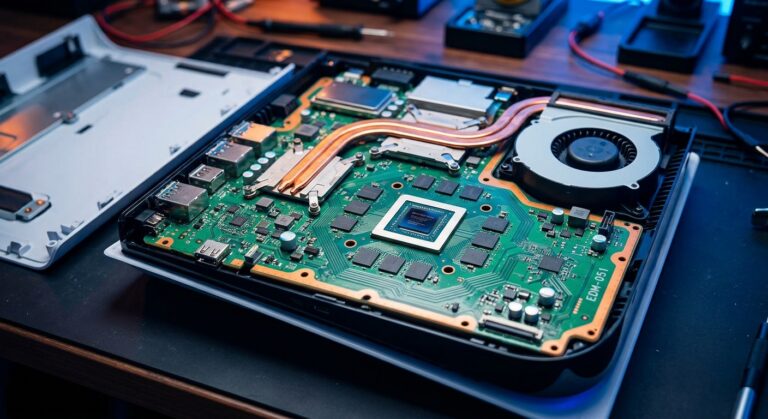 Close-up of PS5 motherboard and fan.