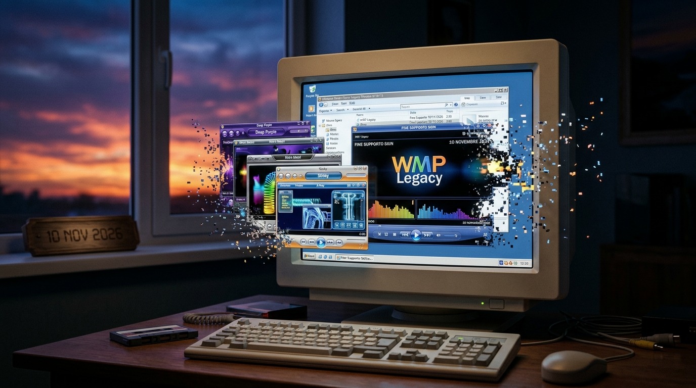 Retro PC with Windows Media Player, digital fragments, sunset